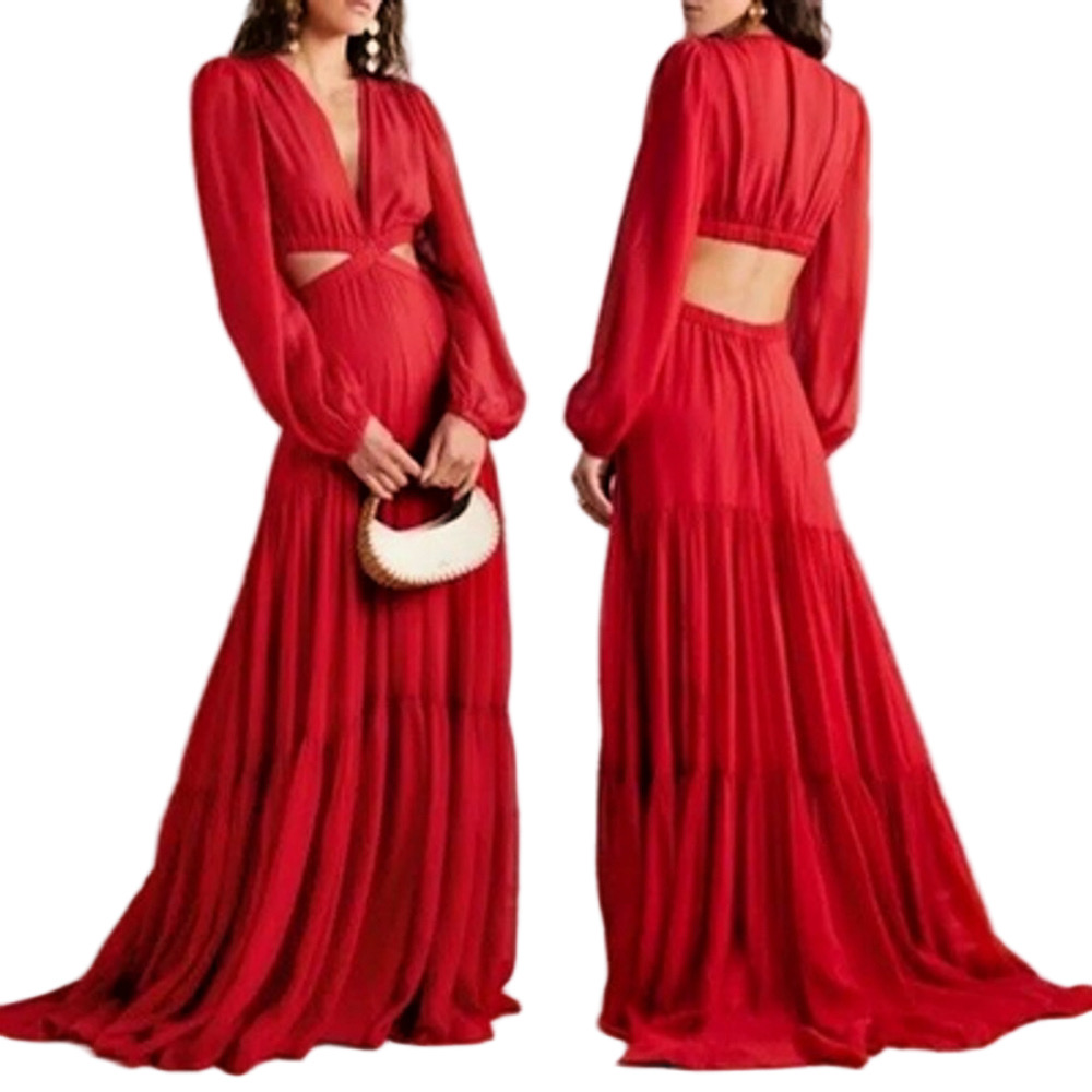 NWT A.L.C. Isabelle Cutout Long Sleeve Tiered 100% Silk Maxi Dress Sz 0